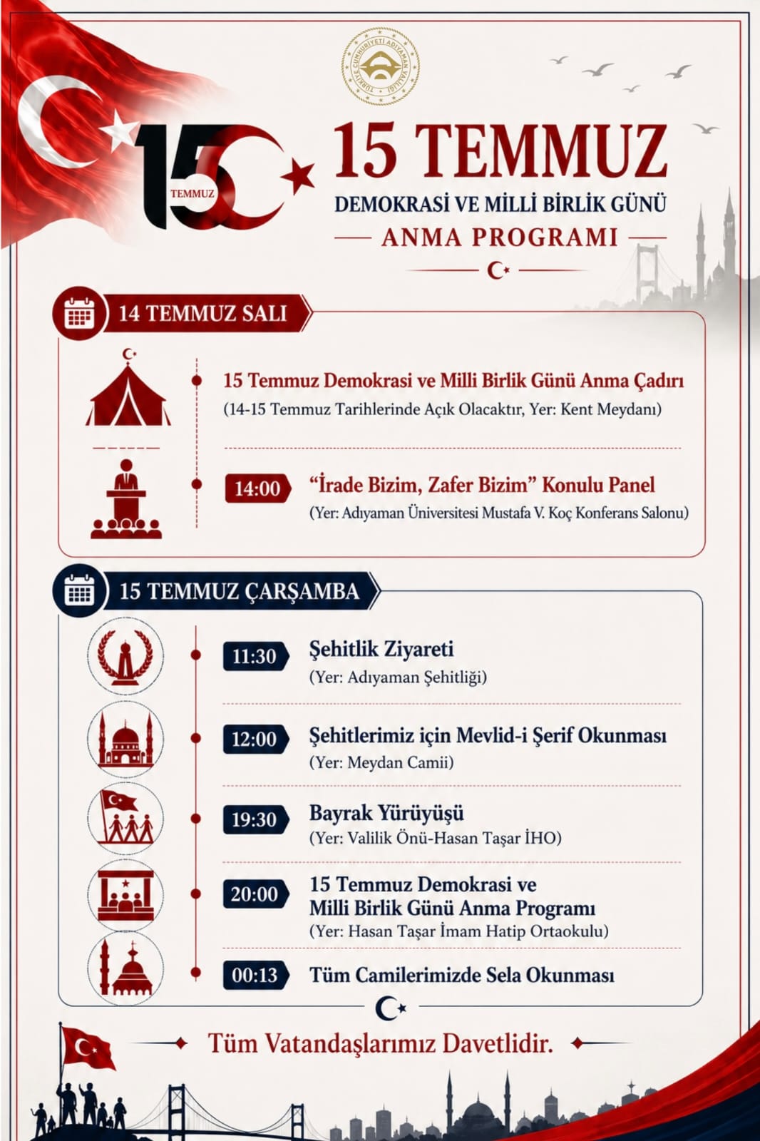 Adıyaman’da 15 Temmuz Demokrasi ve Milli Birlik Günü Programı