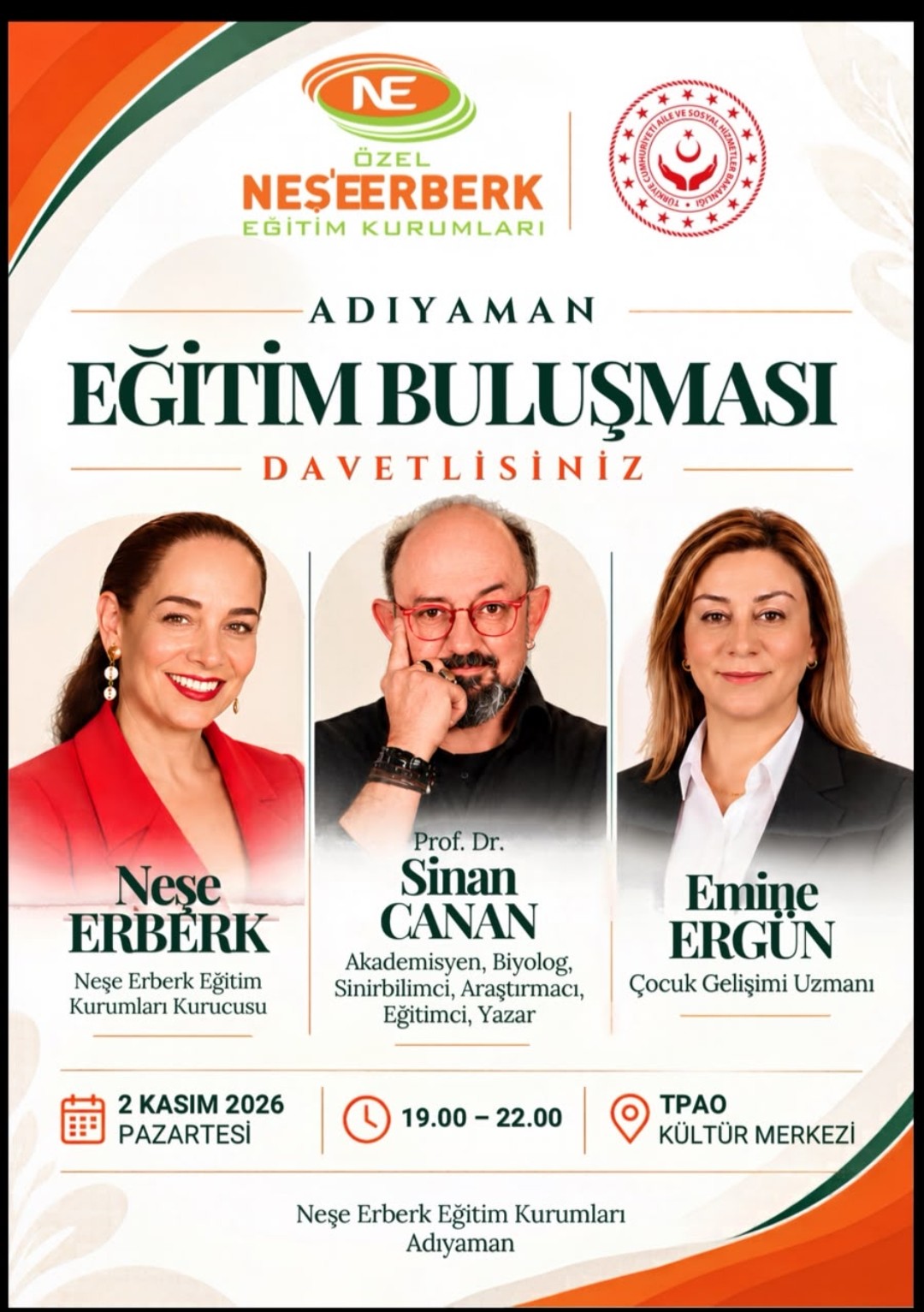 Neşe Erberk, Prof. Dr. Sinan Canan ve Emine Ergün Adıyamanlılarla Buluşacak